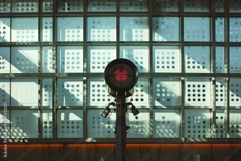 Poster red security camera is pointing at the viewer in a modern building with a glass wall