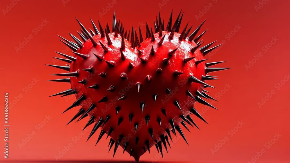 Poster a heart with spikes on it is on a red background. the heart is surrounded by spikes, giving it a pri