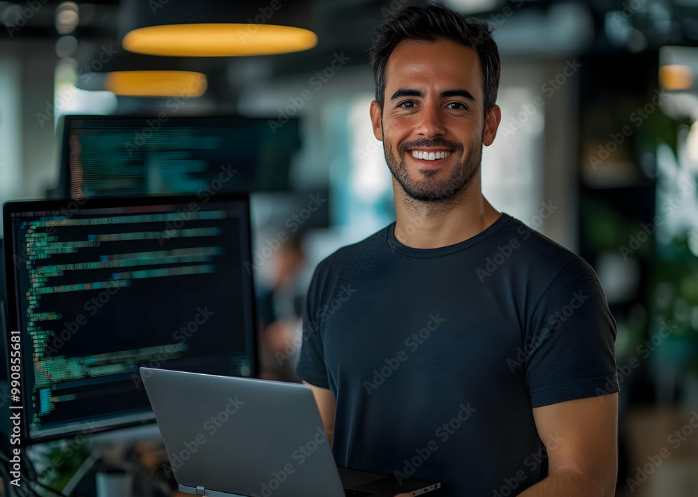 Poster young man in a modern office environment, smiling while holding a laptop, surrounded by computer scr