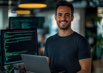 Obraz premium Young man in a modern office environment, smiling while holding a laptop, surrounded by computer screens with code.