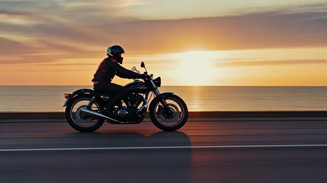A man is riding a motorcycle on a road near the ocean. The sky is orange and the sun is setting