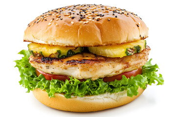 Delicious Chicken Pineapple Burger isolated on white background