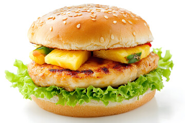Delicious Chicken Pineapple Burger isolated on white background