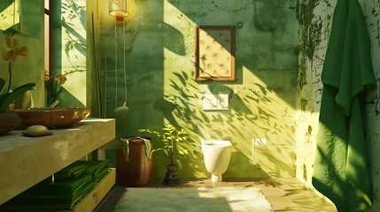 A toilet with a natural theme soft green towels, and bright lamps