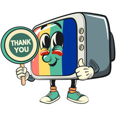 vintage tv monitor cartoon character mascot retro vector design carrying a sign saying thank you, work of hand drawn