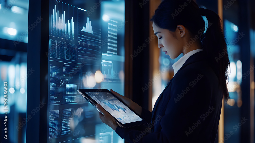 Poster a businesswoman analyzes data on a digital tablet while standing in front of a futuristic screen dis