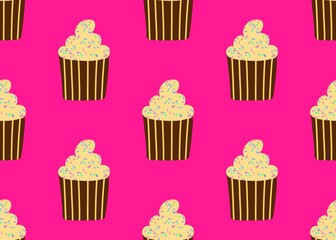 Cupcake. Seamless pattern with cream cupcakes on a pink background. Background with cupcakes. Celebration of events.