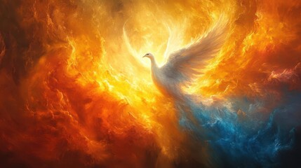 vibrant depiction of pentecost with ethereal dove descending amidst swirling flames apostles illuminated by divine light