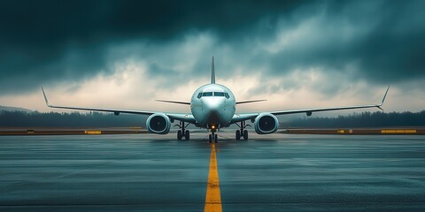 Naklejka premium Parked Plane on Runway under Dramatic Sky