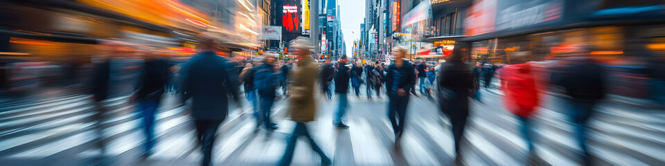 Dynamic street scene with crowds of blurred people crossing a busy intersection, showcasing urban energy and movement