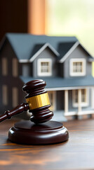 A judge's gavel rests beside a model house symbolizing real estate law and property disputes in a warm, inviting setting