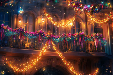 Fototapeta premium Charming background with a view of a decorated balcony overlooking the carnival parade, adorned with flowers, ribbons, and lights