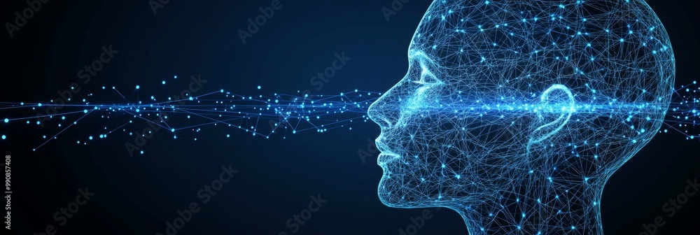 Poster abstract human head with data flow, neural network visualization, artificial intelligence