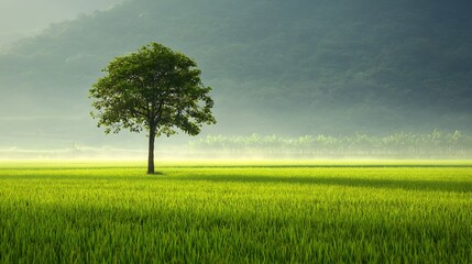 Fototapeta premium Lone Tree Bathed in Warm Sunlight Amidst Serene Expanse of Dew Covered Rice Field Creating a Fresh and Peaceful Rural Landscape Scene