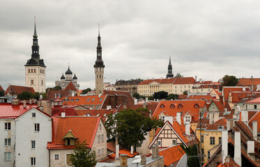 Fototapeta premium The skyline of Tallinn features iconic church towers rising above vibrant rooftops, showcasing the city's rich architecture against a moody overcast sky, reflecting the charm of the old town.