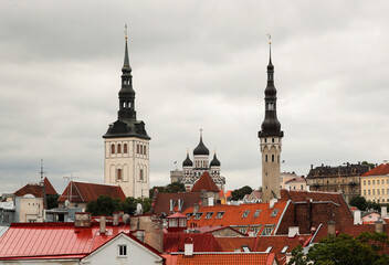 Obraz premium The skyline of Tallinn features iconic church towers rising above vibrant rooftops, showcasing the city's rich architecture against a moody overcast sky, reflecting the charm of the old town.
