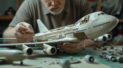 Model Maker Assembling Tiny Pieces of Airplane Model