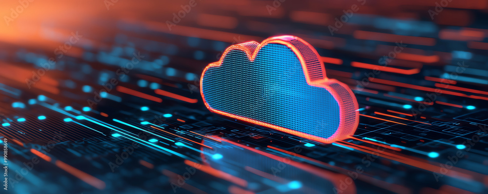 Poster holographic projection of a cloud storage system with distribution nodes, surrounded by hightech env