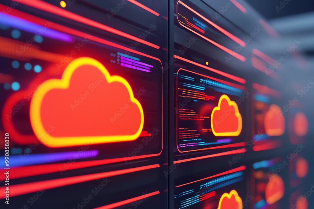 Poster digital network of cloud storage hubs with smooth lines connecting each point, vibrant electric glow