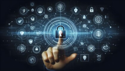 Fototapeta premium Digital cybersecurity interface with hand pointing at lock icon on dark background.