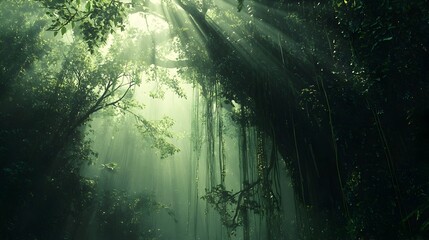 Fototapeta premium Photograph of a dense tropical rainforest with towering trees covered in vines and lush foliage where sunlight barely filters through the thick canopy creating a mysterious and untouched atmosphere