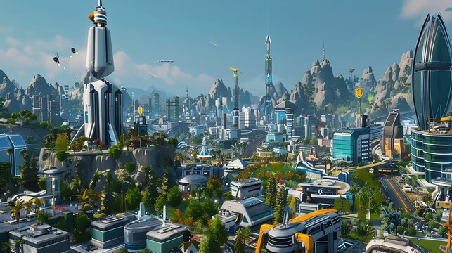 A futuristic city with flying vehicles and skyscrapers.