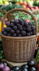 A vibrant basket filled with fresh dewberries at a farmer's market, showcasing seasonal produce.