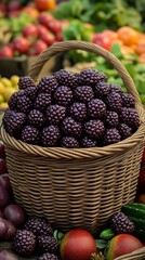 A filled basket of ripe dewberries at a vibrant farmer's market, surrounded by fresh vegetables and fruits.