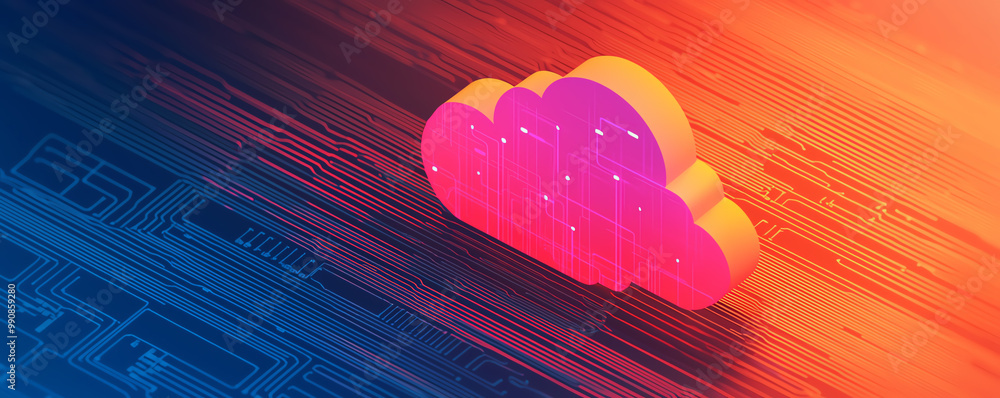 Poster stylized isometric cloud servers illustrating storage and distribution efficiency, hightech data str