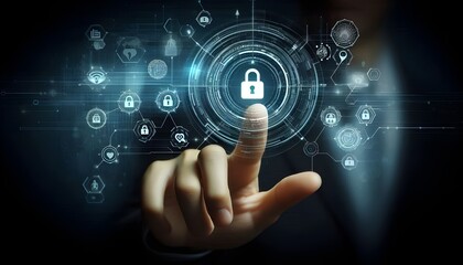 Fototapeta premium Digital cybersecurity interface with hand pointing at lock icon on dark background.