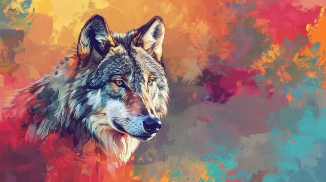 Vibrant digital portrait of a majestic wolf set against a colorful abstract background, showcasing the wild beauty and fierce spirit of the animal, perfect for nature-themed designs, wildlife art, and