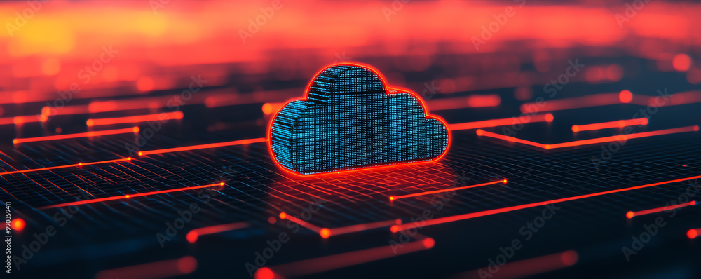 Poster floating digital storage towers representing cloud servers with glowing data distribution lines, a v