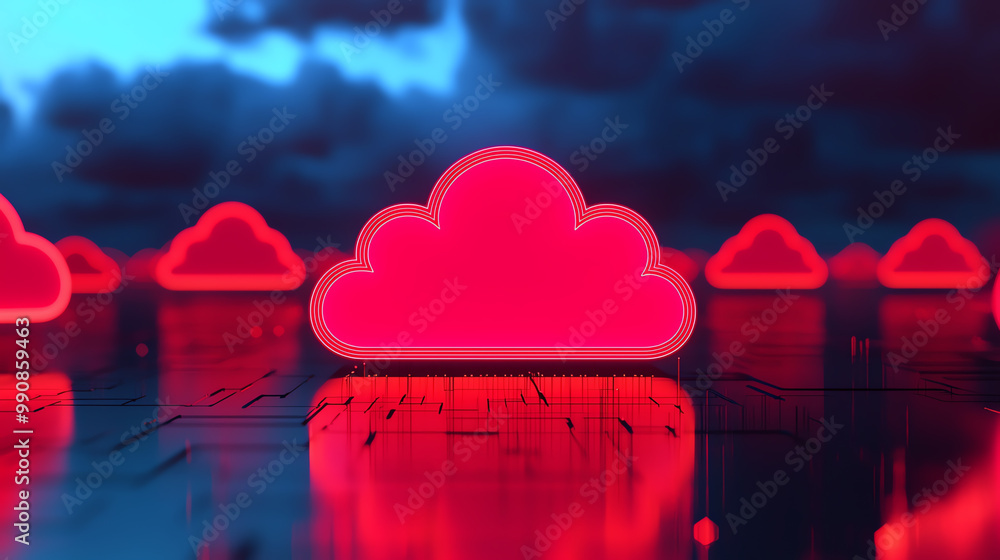 Poster global cloud storage network distributing data through highspeed connections, vibrant neon cityscape