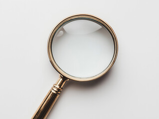 vintage brass magnifying glass with round lens and wooden handle on white