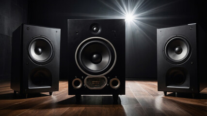 High-quality sound system with three speakers in a modern setup, perfect for audiophiles and music...