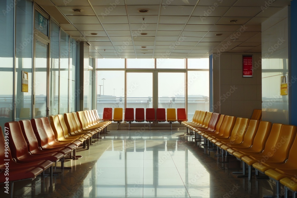 Poster rows of empty colorful chairs stand in an empty airport terminal waiting area