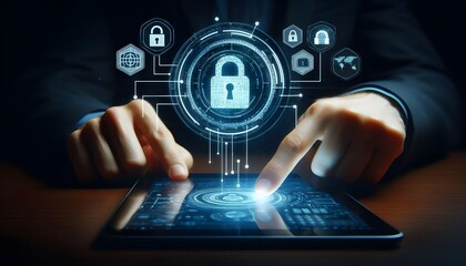 Digital cybersecurity interface with hand pointing at lock icon on dark background.