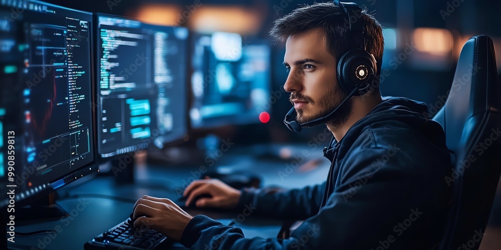 Poster a young man in a black hoodie sits in front of a computer screen, wearing a headset and looking at t