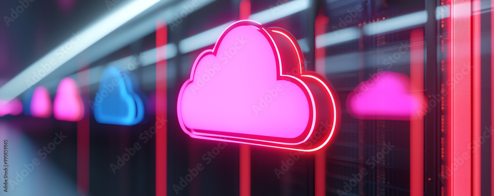 Poster neonlit cloud storage center with realtime data distribution to multiple devices, holographic screen