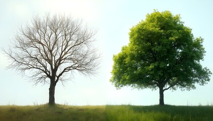 Obraz premium A bare tree and healthy tree representing the difference between an exhausted mind and a happy mind
