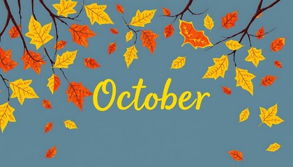 With the arrival of autumn, the fallen leaves begin to disperse. October is written in the middle of the picture. pattern drawing.