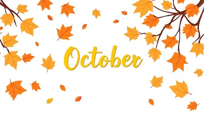 With the arrival of autumn, the fallen leaves begin to disperse. October is written in the middle of the picture. pattern drawing.