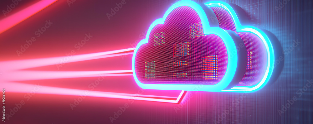 Poster neonlit cloud storage center with realtime data distribution to multiple devices, holographic screen
