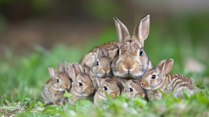 Fototapeta premium A mother rabbit and her litter of bunnies huddle together in a grassy field.