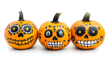 Pumpkins with Katrina skull makeup on white background