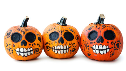 Pumpkins with Katrina skull makeup on white background