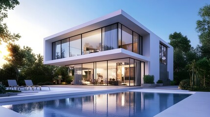 Fototapeta premium Sleek and Sophisticated Contemporary Home with Striking Geometric Design and Expansive Glass Walls Overlooking a Backyard Pool Deck in a Bright and Isolated Setting