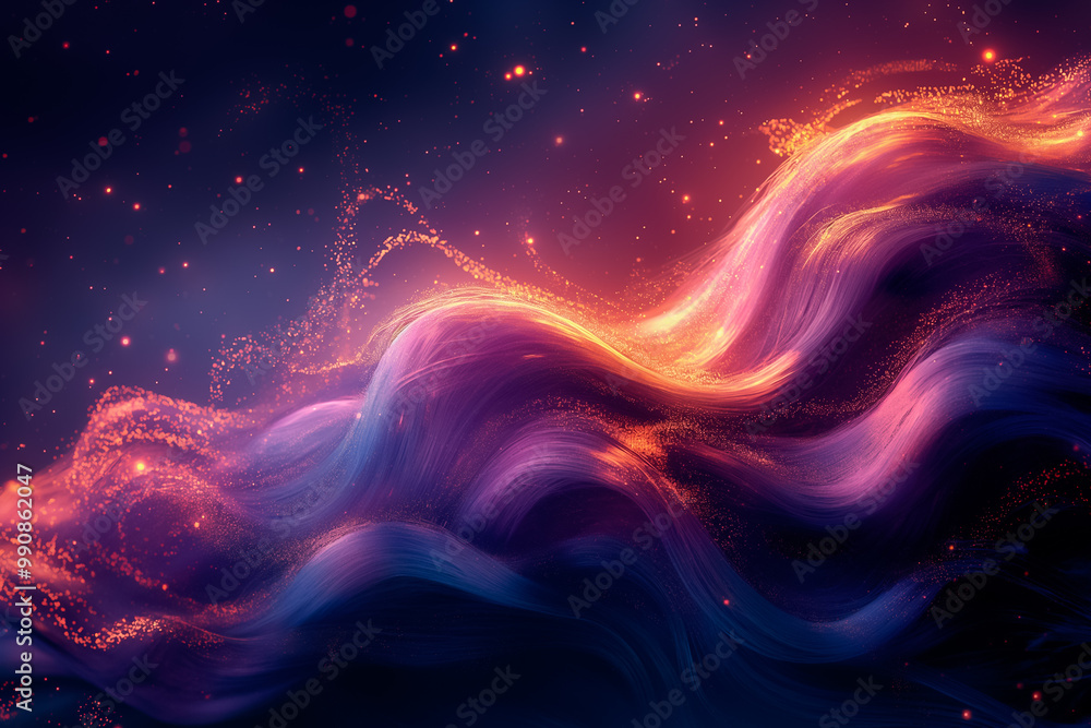 Poster fluid waves in rich shades of purple and orange ripple across the canvas, creating a visually stunni