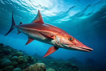 A majestic, long fish with a prominent red fin and streamlined body glides effortlessly through the ocean's depths,