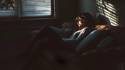 Naklejka premium Cozy and tranquil indoor living room scene with a person comfortably seated on a sofa soft warm lighting casting gentle shadows and a neutral background creating a relaxed and intimate atmosphere